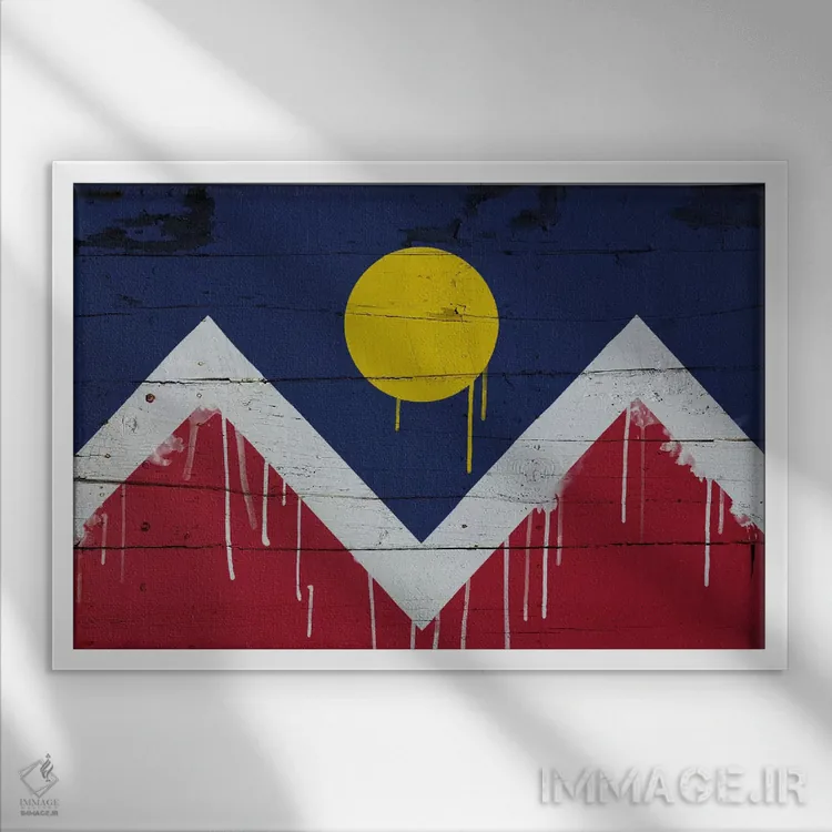 تابلو پرچم شهر دنور، کلرادو به سبک رنگ چکه روی تختهچوب اثر فایو بای فایو کالکتیو - نمای قابدار سفید