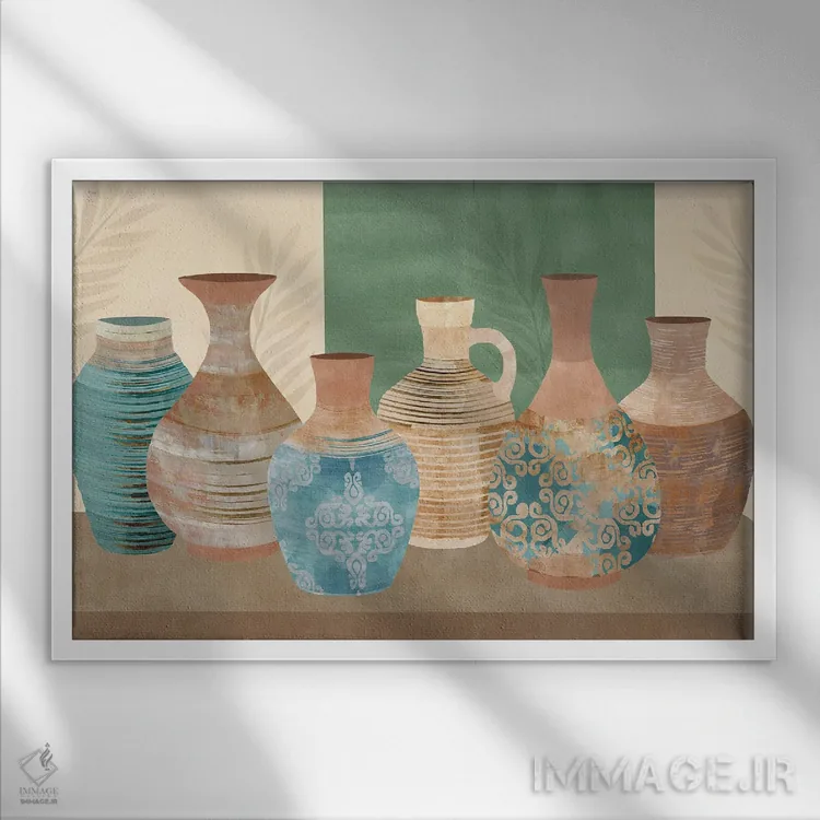 تابلو ظروف سفالی ۴ اثر فلورا کوتا - نمای قابدار سفید