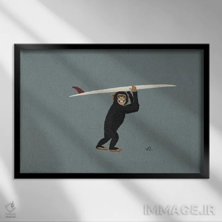 تابلو شامپانزه موجسوار اثر فابیان لاواتر - نمای قابدار مشکی