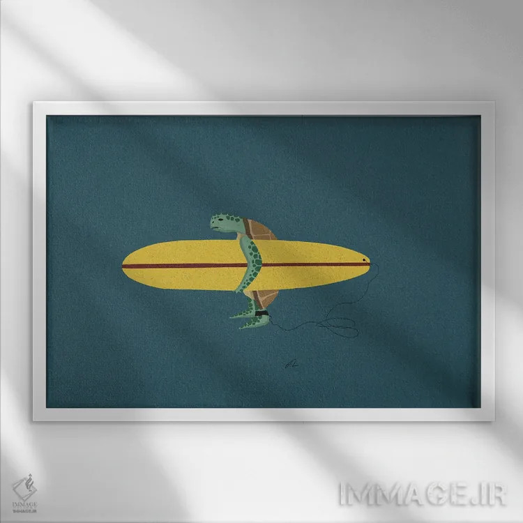 تابلو لاکپشت موجسوار اثر فابیان لاواتر - نمای قابدار سفید