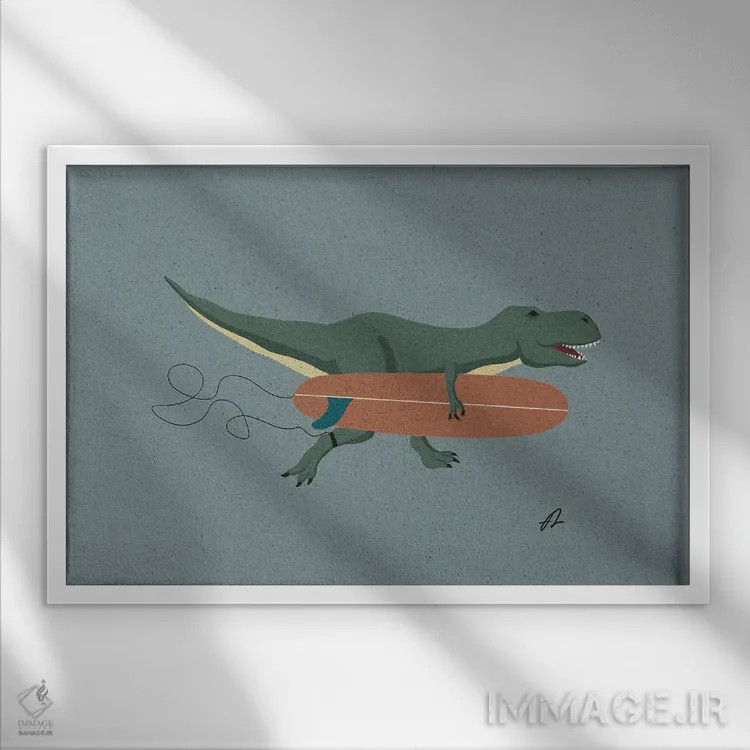 تابلو تیرکس موجسوار اثر فابیان لاواتر - نمای قابدار سفید