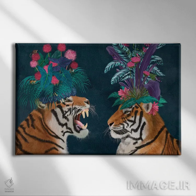 تابلو دو ببر گلخانهای (تیره) اثر فب فانکی (استودیو هنری) - نمای روبهرو روی دیوار