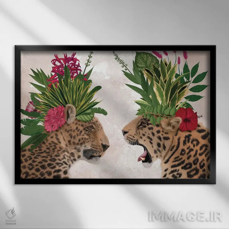 تابلو دو پلنگ گلخانهای (صورتی-سبز) اثر فب فانکی (استودیو هنری) - نمای قابدار مشکی