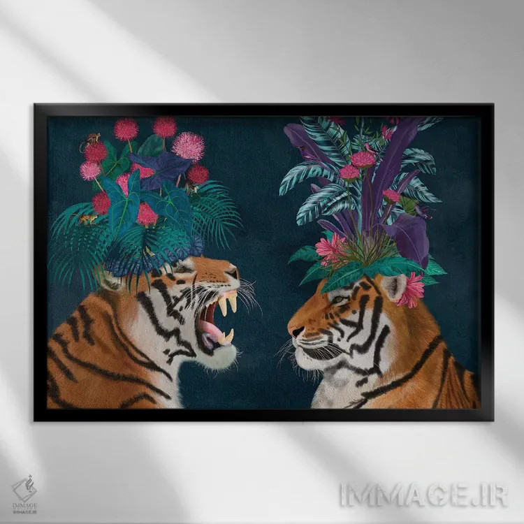 تابلو دو ببر گلخانهای (تیره) اثر فب فانکی (استودیو هنری) - نمای قابدار مشکی