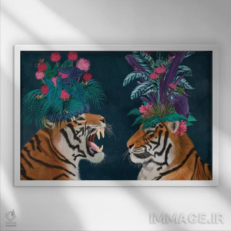 تابلو دو ببر گلخانهای (تیره) اثر فب فانکی (استودیو هنری) - نمای قابدار سفید