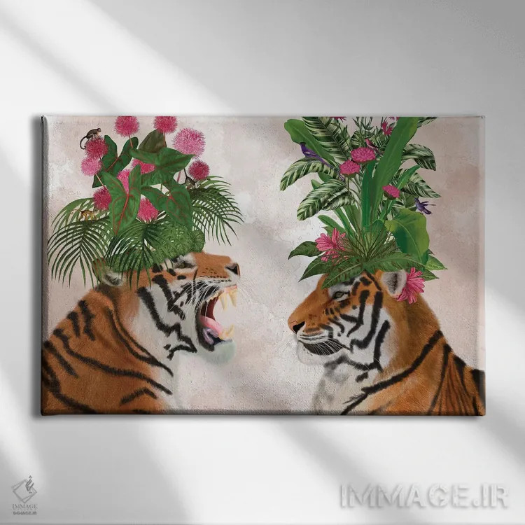 تابلو دو ببر گلخانهای (صورتی-سبز) اثر فب فانکی (استودیو هنری) - نمای روبهرو روی دیوار