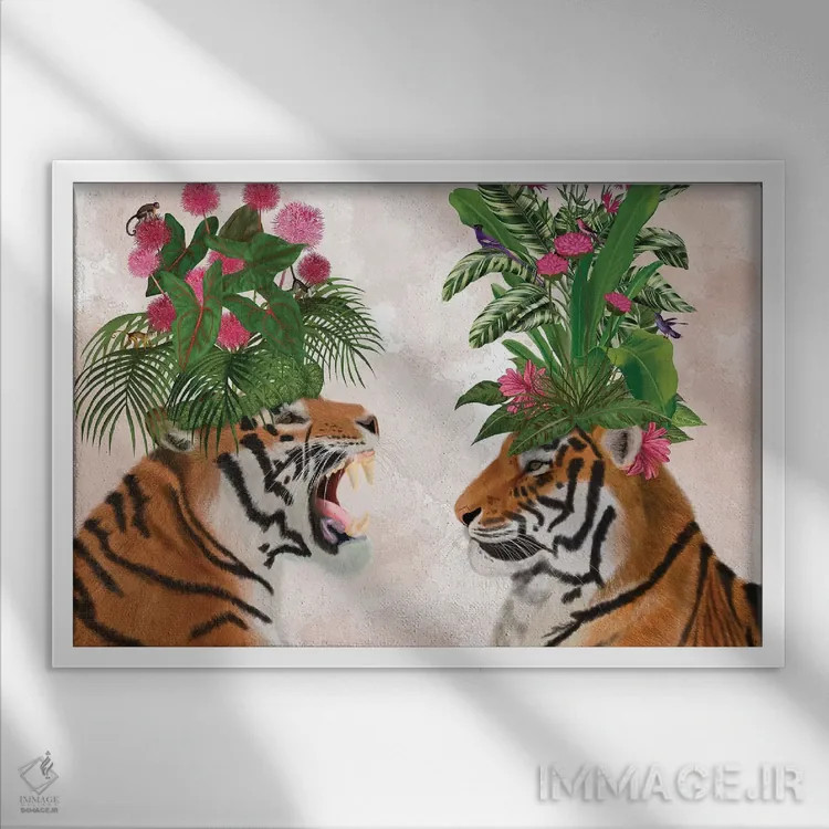 تابلو دو ببر گلخانهای (صورتی-سبز) اثر فب فانکی (استودیو هنری) - نمای قابدار سفید