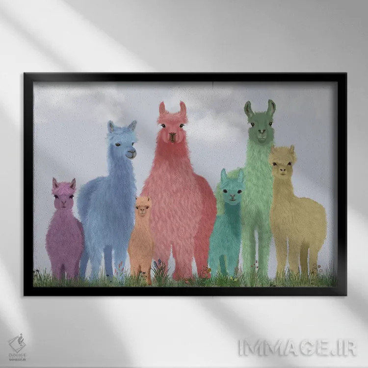 تابلو خانواده لاما رنگ پاستلی اثر فب فانکی (استودیو هنری) - نمای قابدار مشکی