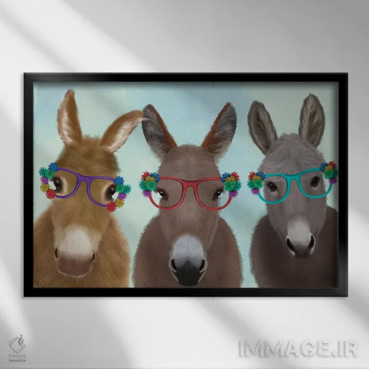 تابلو سهتایی الاغ با عینک گلدار اثر فب فانکی (استودیو هنری) - نمای قابدار مشکی