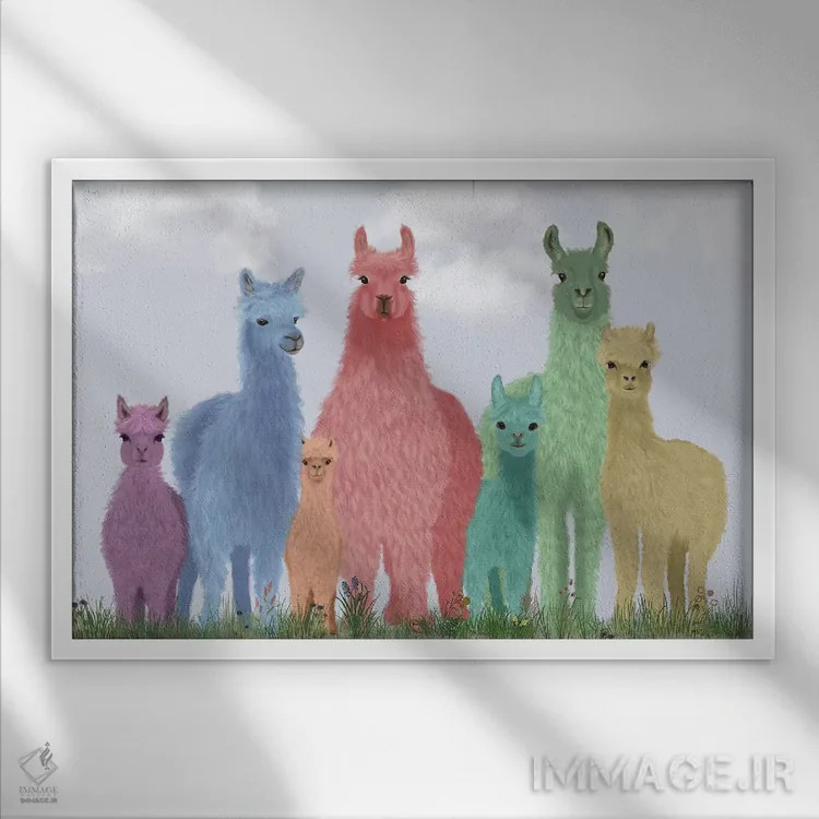 تابلو خانواده لاما رنگ پاستلی اثر فب فانکی (استودیو هنری) - نمای قابدار سفید