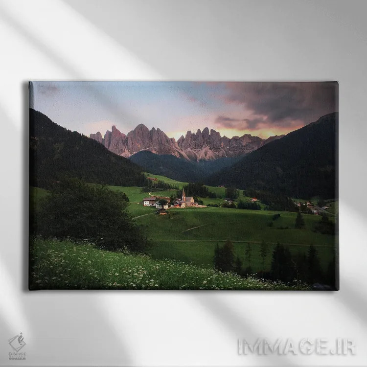 تابلو زمان غروب در وال دی فونز، دولومیت، ایتالیا اثر فلوریان اولبرشتس - نمای روبهرو روی دیوار