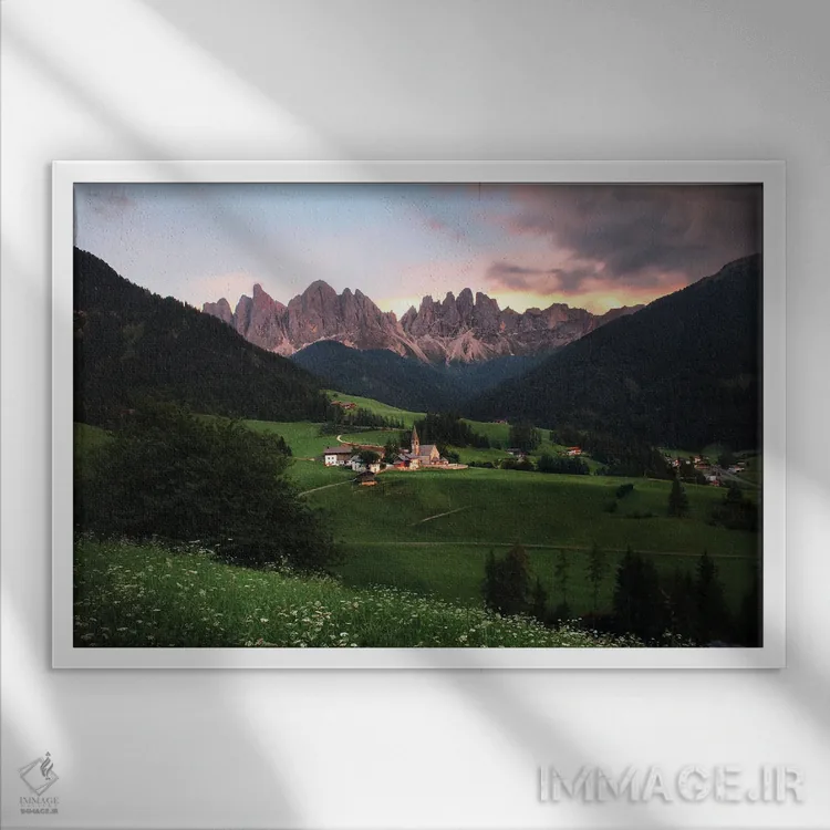 تابلو زمان غروب در وال دی فونز، دولومیت، ایتالیا اثر فلوریان اولبرشتس - نمای قابدار سفید