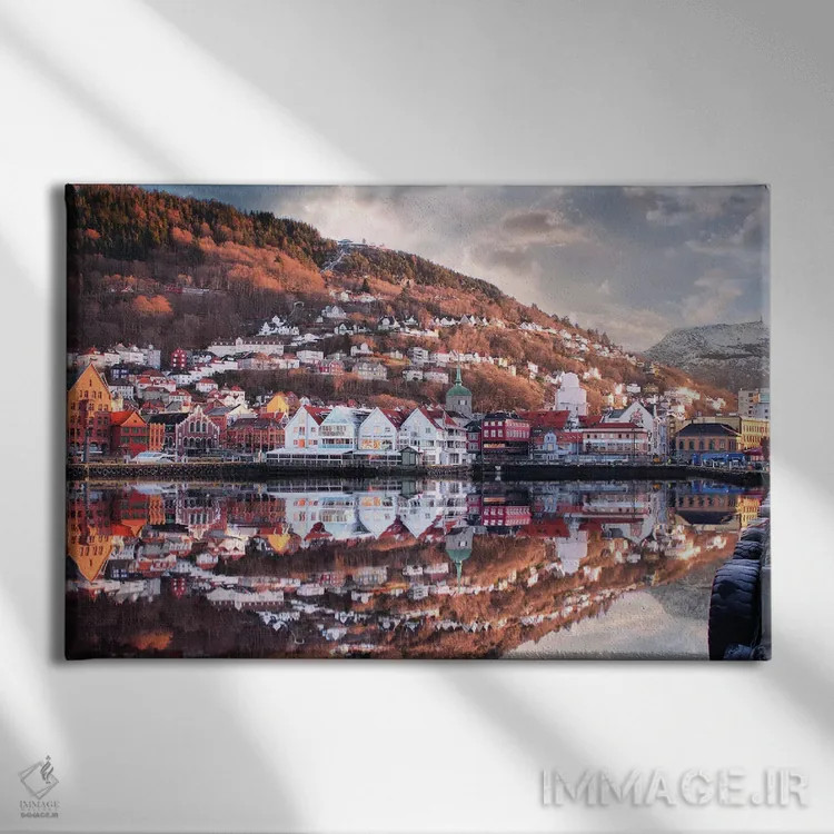 تابلو انعکاسهای برگن، نروژ اثر فلوریان اولبرشتس - نمای روبهرو روی دیوار