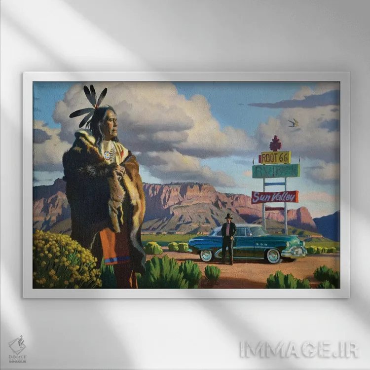 تابلو مسیر ۶۶ (جاده معروف آمریکا) اثر فرانک اورداز - نمای قابدار سفید