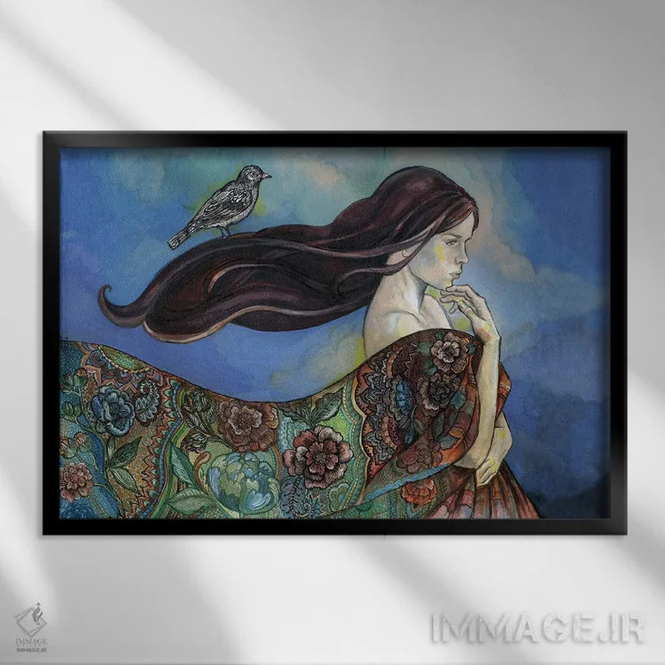 تابلو پرندهای روی موهایش اثر فانیتسا پترو - نمای قابدار مشکی