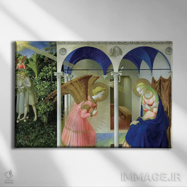 تابلو بشارت، صومعه سانتو دومنیکو در فیِزوله، ۱۴۲۶ (موزه پرادو) اثر فرا آنجلیکو (نقاش ایتالیایی) - نمای روبهرو روی دیوار