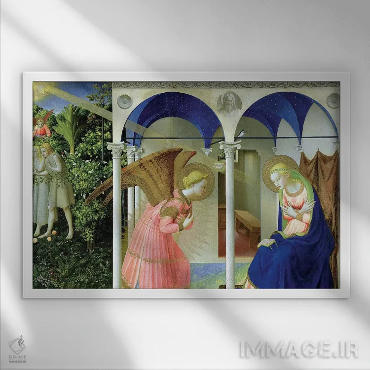 تابلو بشارت، صومعه سانتو دومنیکو در فیِزوله، ۱۴۲۶ (موزه پرادو) اثر فرا آنجلیکو (نقاش ایتالیایی) - نمای قابدار سفید