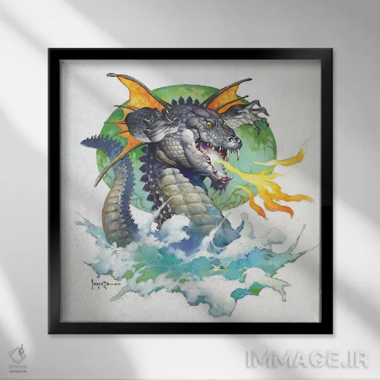 تابلو "تمساح پرنده" اثر فرانک فرزتا (تصویرگر و طراح کمیک آمریکایی) - نمای قابدار مشکی