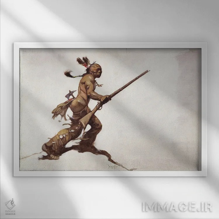 تابلو "جنگجوی سرخپوست" اثر فرانک فرزتا (تصویرگر و طراح کمیک آمریکایی) - نمای قابدار سفید