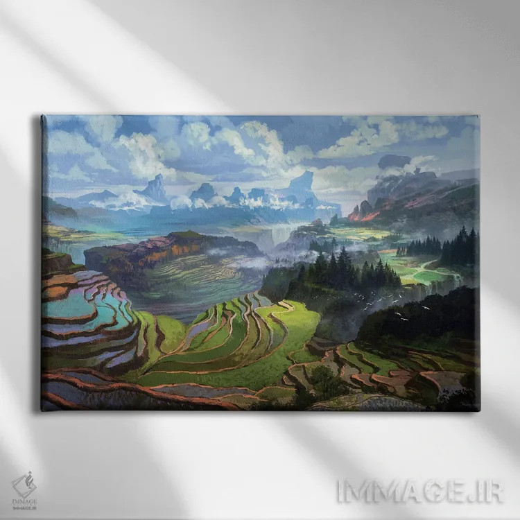 تابلو "کشتزارهای برنج" اثر فرباوراند لادرا - نمای روبهرو روی دیوار