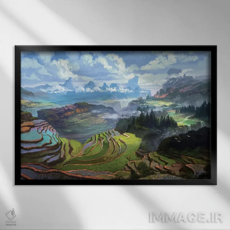 تابلو "کشتزارهای برنج" اثر فرباوراند لادرا - نمای قابدار مشکی