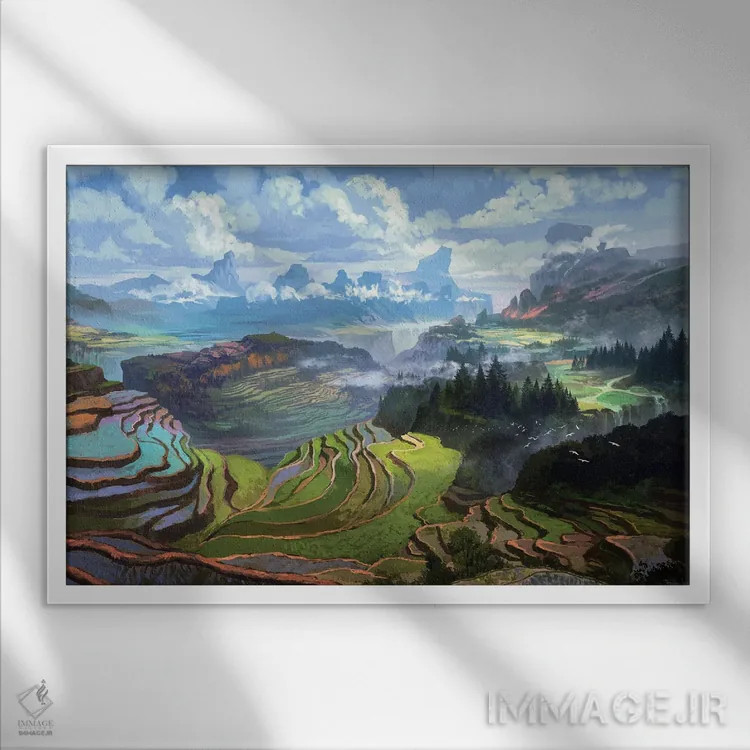 تابلو "کشتزارهای برنج" اثر فرباوراند لادرا - نمای قابدار سفید