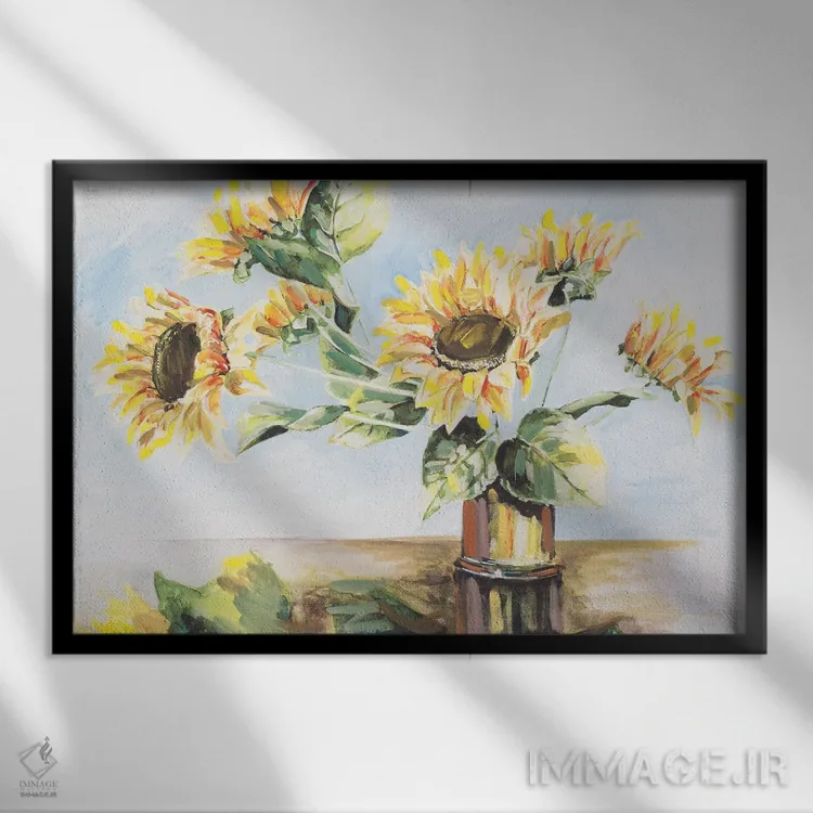 تابلو آفتابگردانها در گلدان طلایی اثر هِدر اِی. فرنچ-روسیه - نمای قابدار مشکی