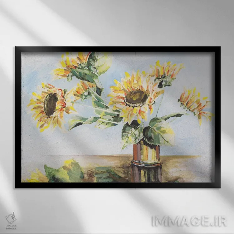 تابلو آفتابگردانها در گلدان طلایی اثر هِدر اِی. فرنچ-روسیه - نمای قابدار مشکی