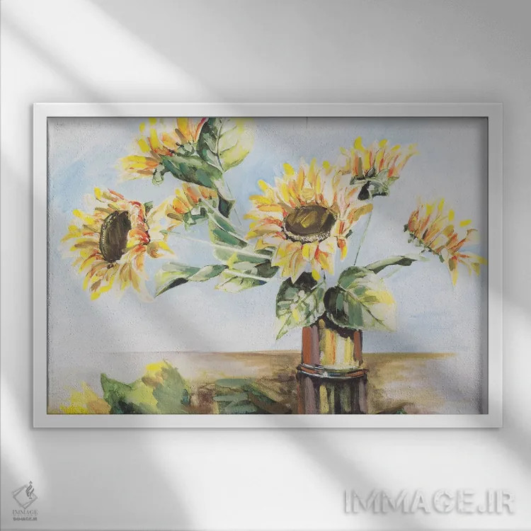تابلو آفتابگردانها در گلدان طلایی اثر هِدر اِی. فرنچ-روسیه - نمای قابدار سفید