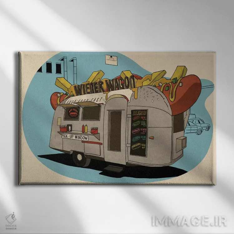 تابلو واگن سوسیس (فروشگاه سوسیس متحرک) اثر فایو بای فایو کالکتیو - نمای روبهرو روی دیوار