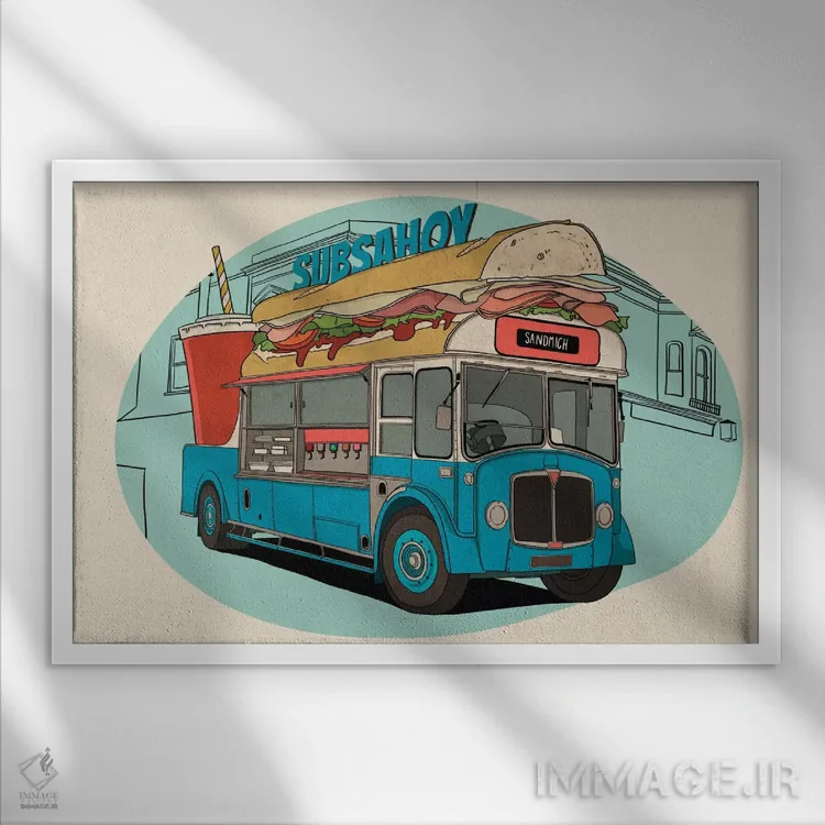 تابلو ساندویچ سابآهوی (نام مغازه) اثر فایو بای فایو کالکتیو - نمای قابدار سفید