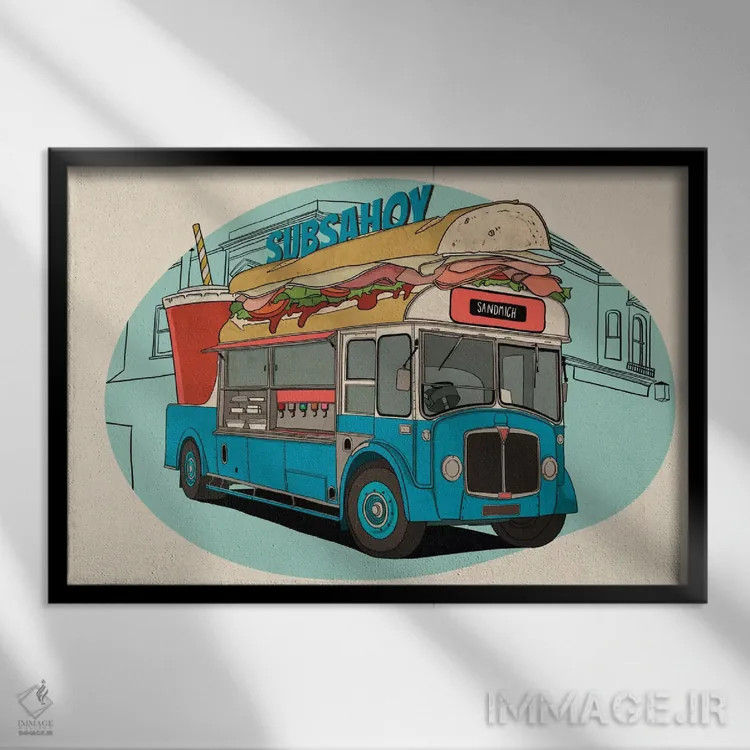 تابلو ساندویچ سابآهوی (نام مغازه) اثر فایو بای فایو کالکتیو - نمای قابدار مشکی