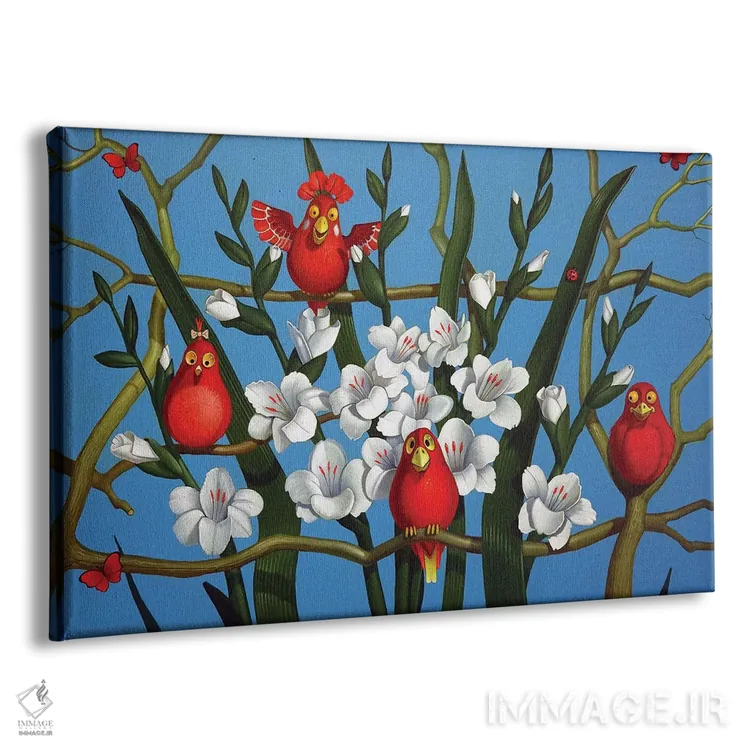 تابلو پرندگان سرخ، سفید و آبی اثر فرانک وارمدام - نمای پرسپکتیو محصول
