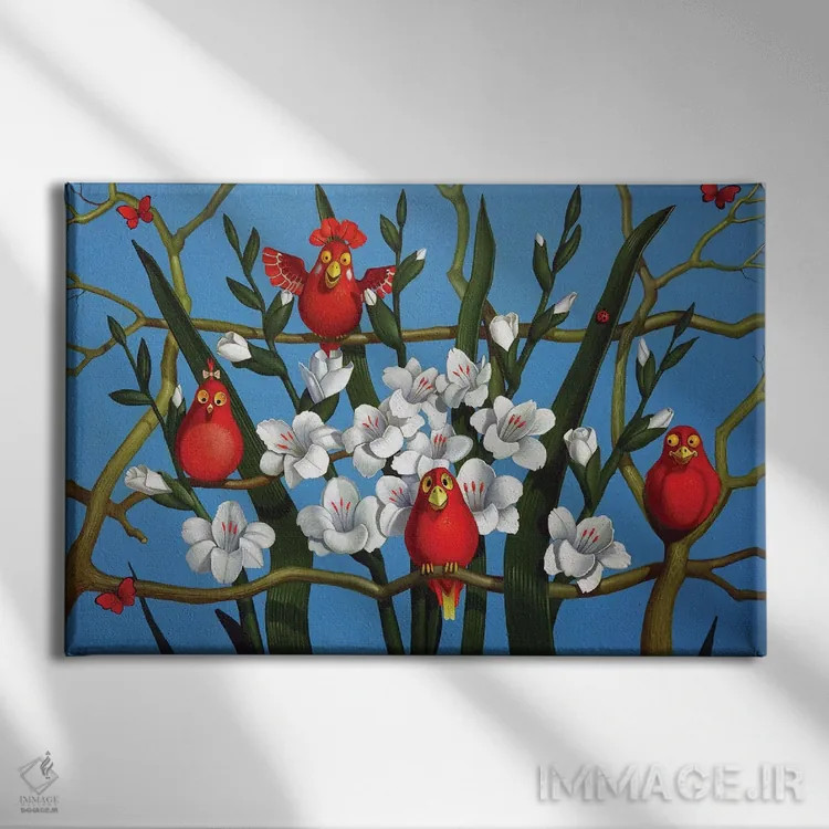تابلو پرندگان سرخ، سفید و آبی اثر فرانک وارمدام - نمای روبهرو روی دیوار