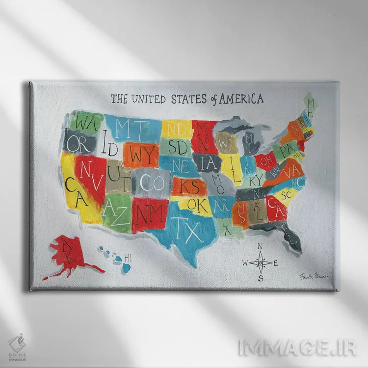 تابلو نقشهٔ ایالات متحده آمریکا اثر فریده زمان - نمای روبهرو روی دیوار