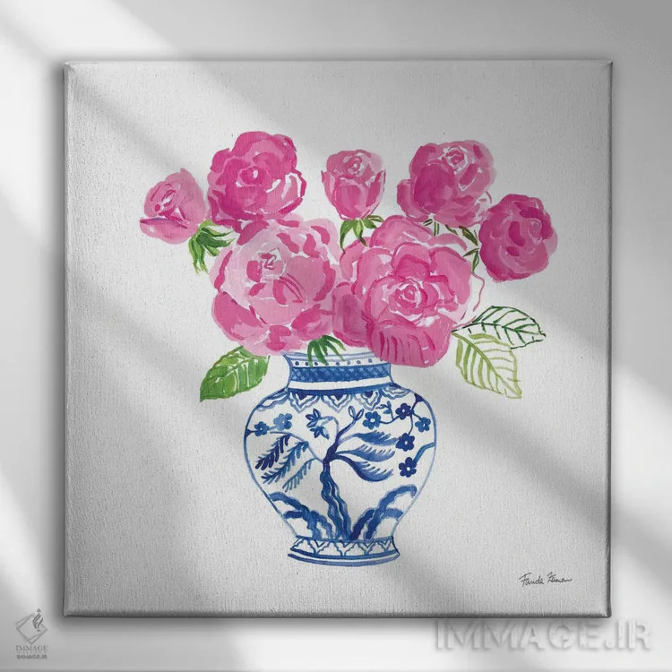 تابلو رزهای چینوار روی زمینهٔ سفید ۱ اثر فریده زمان - نمای روبهرو روی دیوار