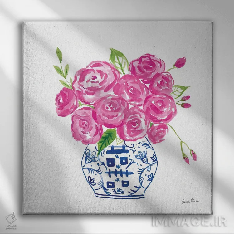 تابلو رزهای چینوار روی زمینهٔ سفید ۲ اثر فریده زمان - نمای روبهرو روی دیوار
