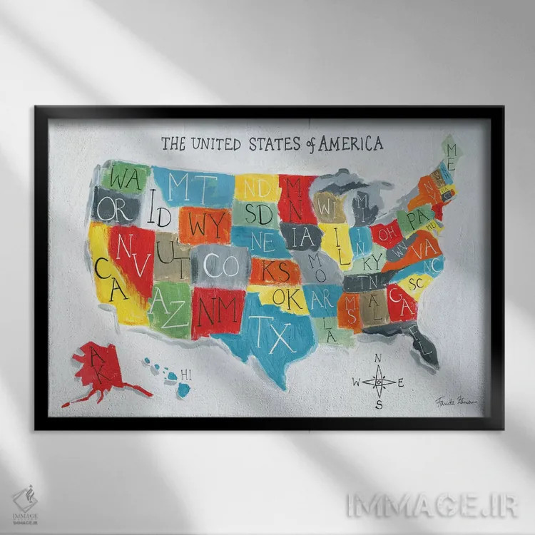 تابلو نقشهٔ ایالات متحده آمریکا اثر فریده زمان - نمای قابدار مشکی