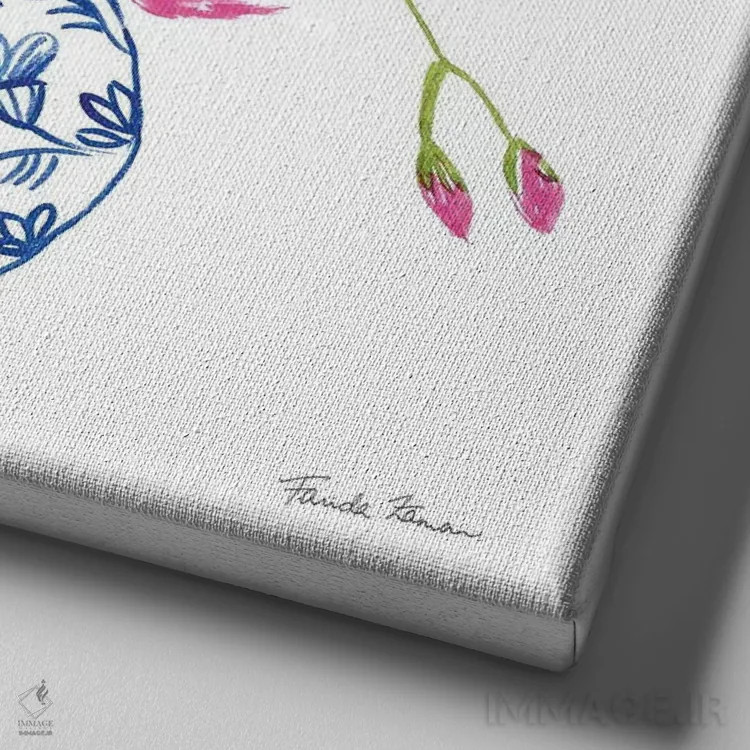 تابلو رزهای چینوار روی زمینهٔ سفید ۲ اثر فریده زمان - نمای نزدیک بافت بوم