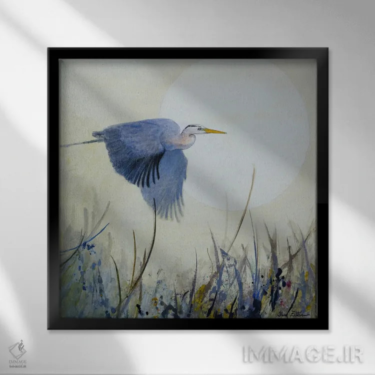 تابلو حواصیل در حال اوج گرفتن اثر فلی زیتین - نمای قابدار مشکی