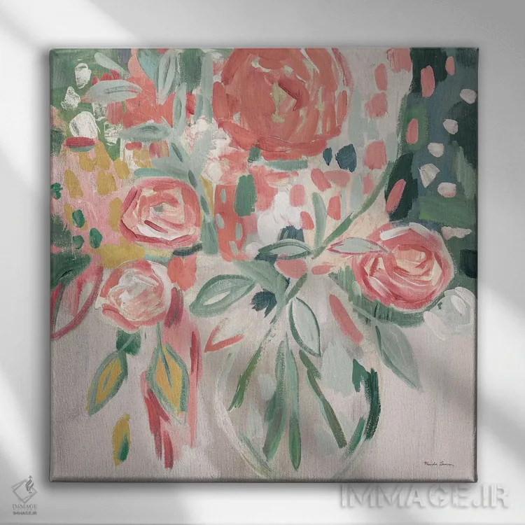 تابلو گلهای صورتی تابستان، مدرن اثر فریده زمان - نمای روبهرو روی دیوار