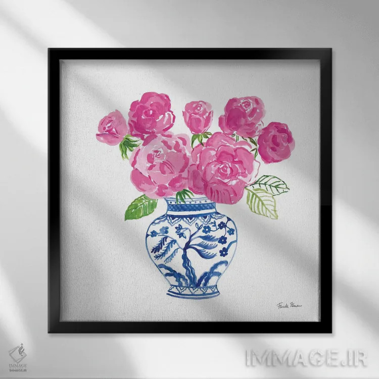 تابلو رزهای چینوار روی زمینهٔ سفید ۱ اثر فریده زمان - نمای قابدار مشکی