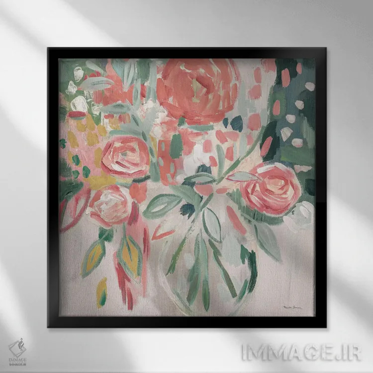 تابلو گلهای صورتی تابستان، مدرن اثر فریده زمان - نمای قابدار مشکی