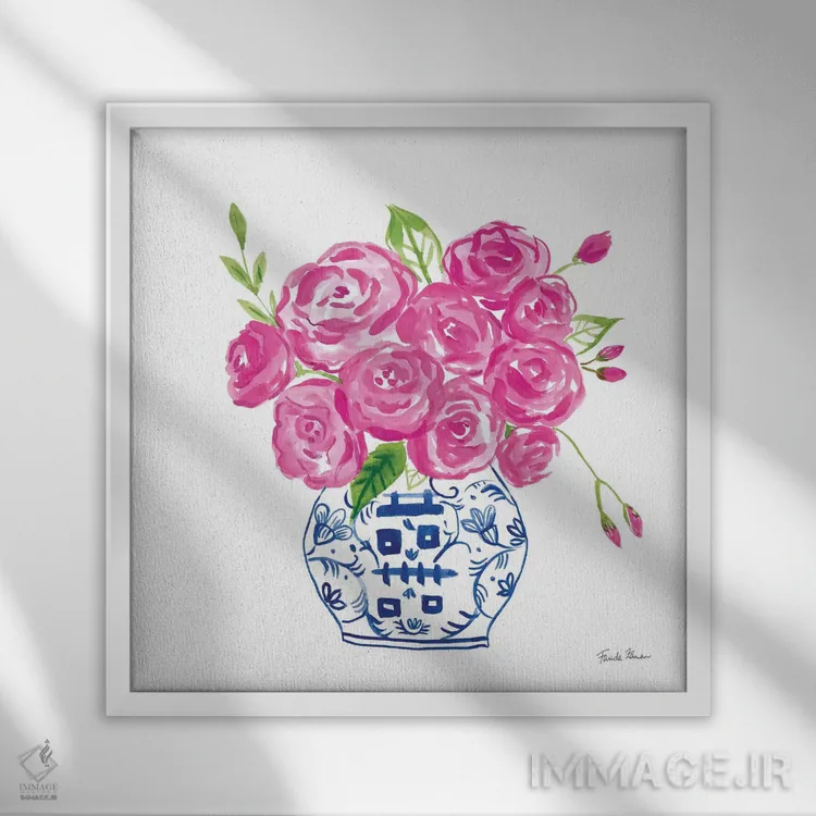 تابلو رزهای چینوار روی زمینهٔ سفید ۲ اثر فریده زمان - نمای قابدار سفید