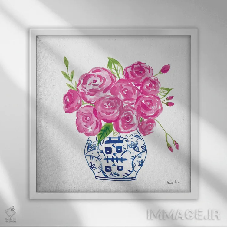 تابلو رزهای چینوار روی زمینهٔ سفید ۲ اثر فریده زمان - نمای قابدار سفید