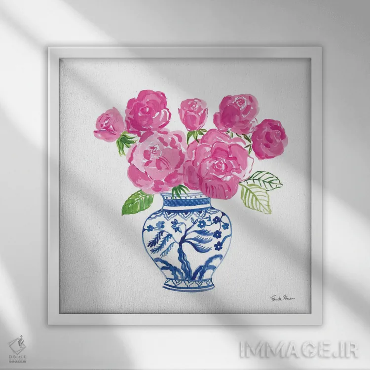 تابلو رزهای چینوار روی زمینهٔ سفید ۱ اثر فریده زمان - نمای قابدار سفید