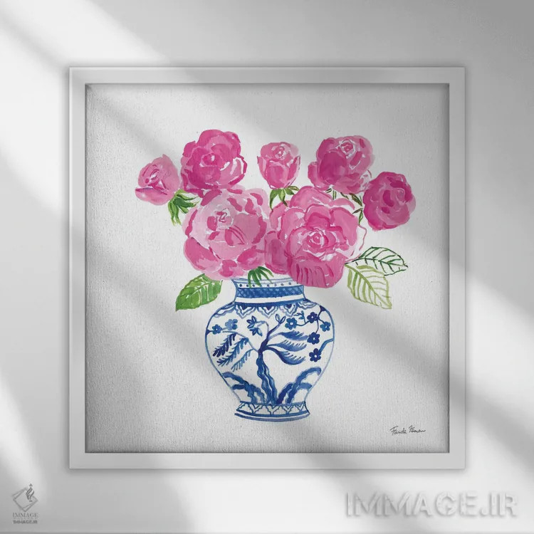 تابلو رزهای چینوار روی زمینهٔ سفید ۱ اثر فریده زمان - نمای قابدار سفید