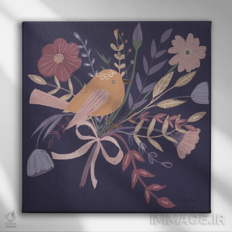 تابلو پرندگان سلطنتی ۲ روی زمینه بنفش اثر فریده زمان - نمای روبهرو روی دیوار