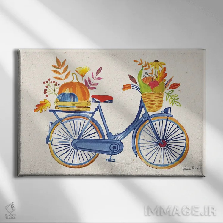 تابلو برداشت پاییزی ۱ (دوچرخه سورمهای) اثر فریده زمان - نمای روبهرو روی دیوار
