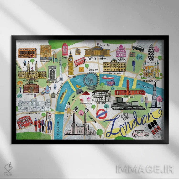 تابلو نقشهٔ لندن اثر فریده زمان - نمای قابدار مشکی